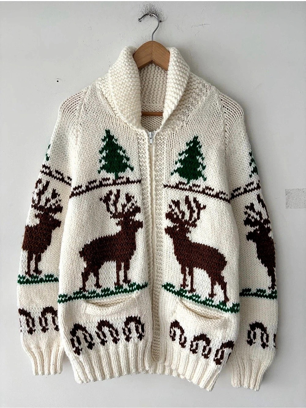 Vintage 60's Cowichan Deer Buck Elk Wool Hand Knit Cardigan Sweater Size M